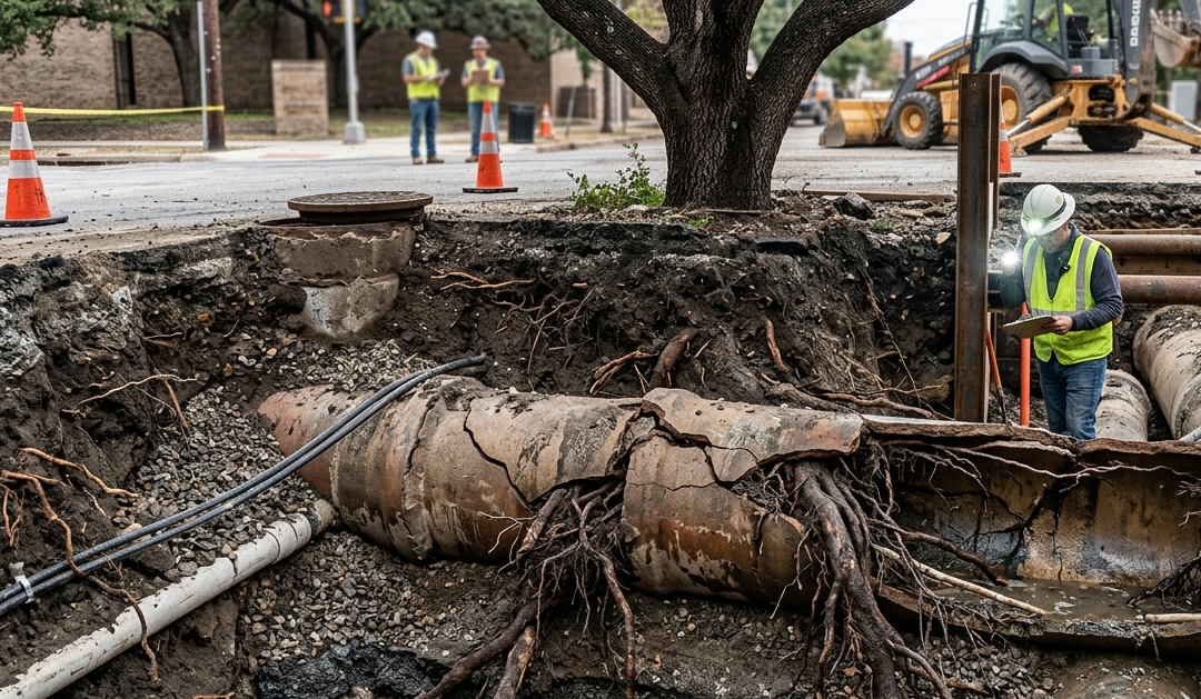 underground sewer pipe damage with tree roots and cracks