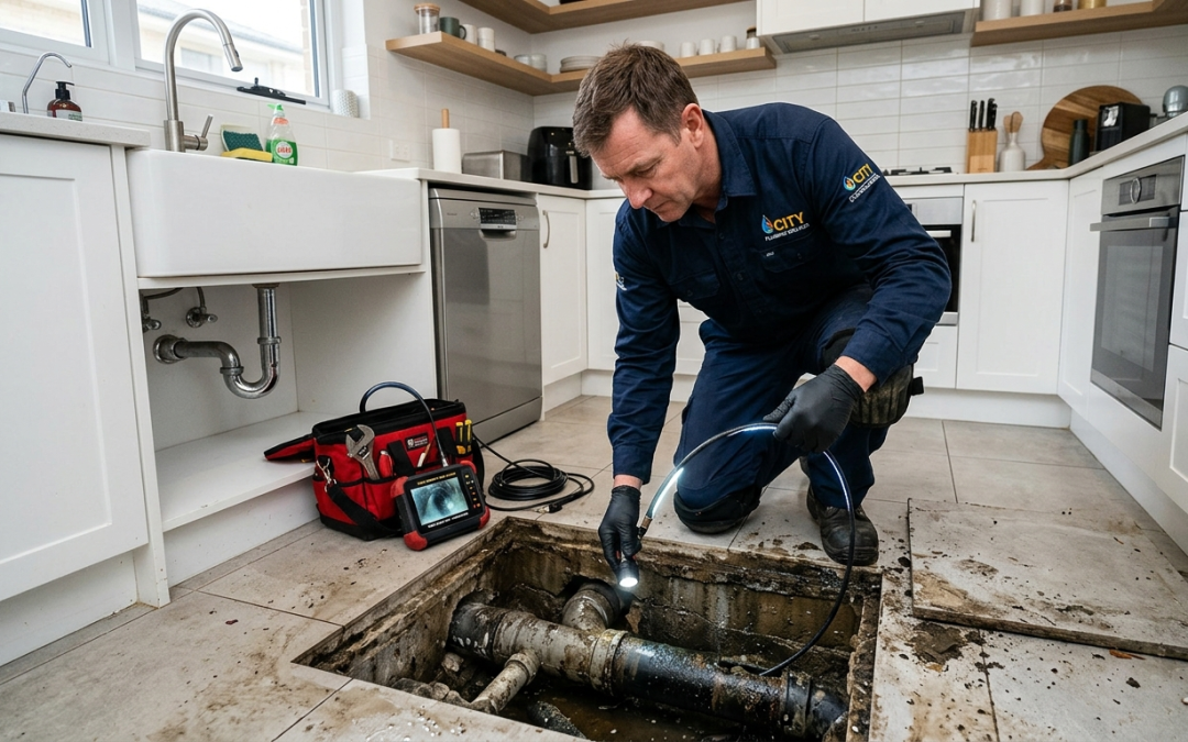 Drain smell problem inspection showing plumbing and sewer system maintenance in residential property