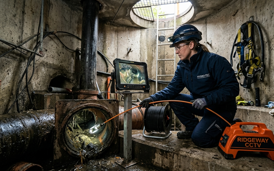 Underground sewer pipe blockage causing wastewater restriction with professional inspection using CCTV drain camera