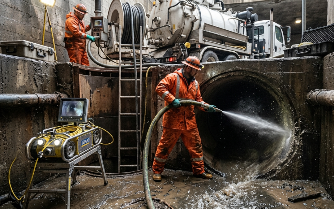 High-pressure water jetting equipment being used to clean and restore underground sewer pipes.