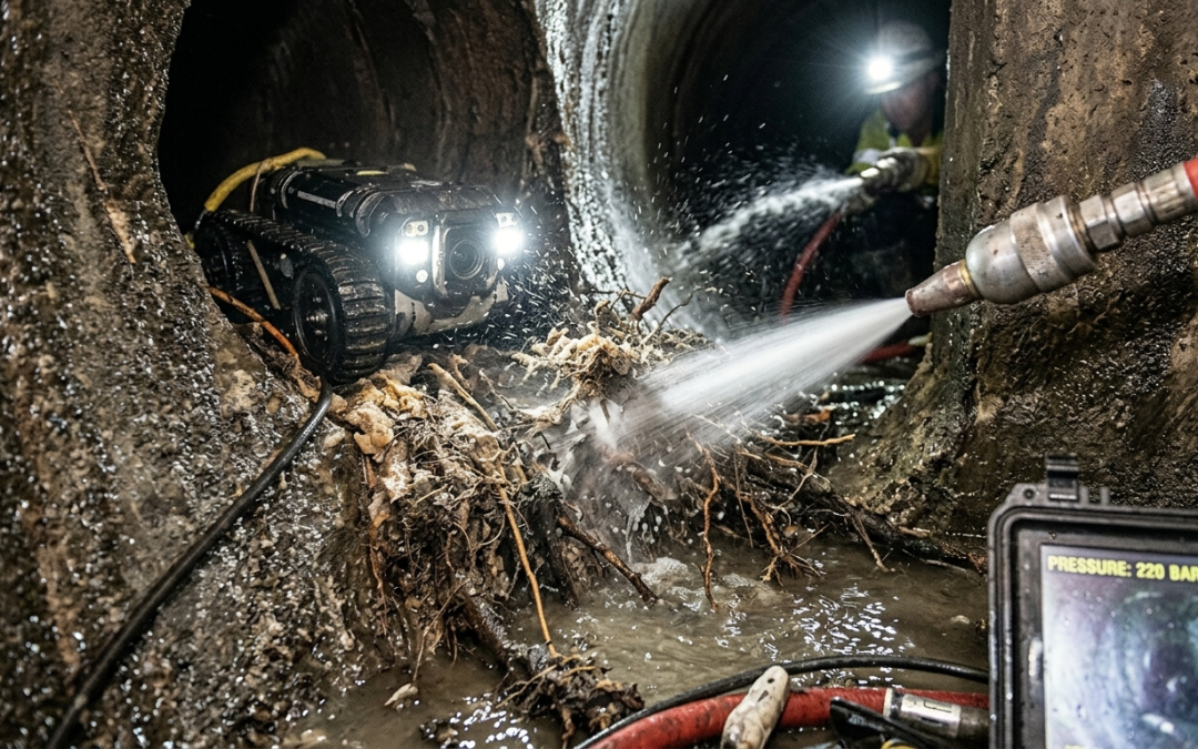 Professional inspection of deep sewer line blockage using CCTV drain camera and high-pressure cleaning equipment to restore drainage flow.