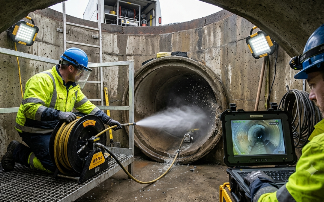 Professional sewer cleaning using high-pressure water jetting to extend the lifespan of underground sewer pipes.