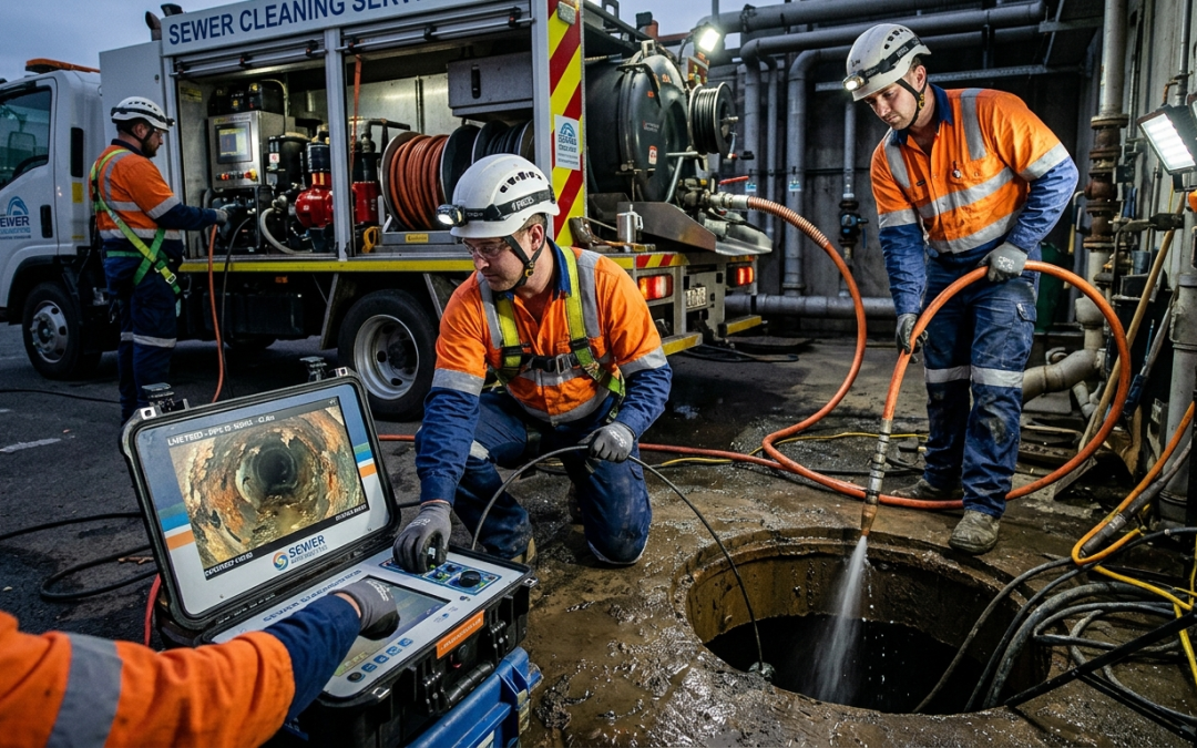 Technicians performing CCTV sewer inspection and clearing recurring sewer blockages using professional equipment.