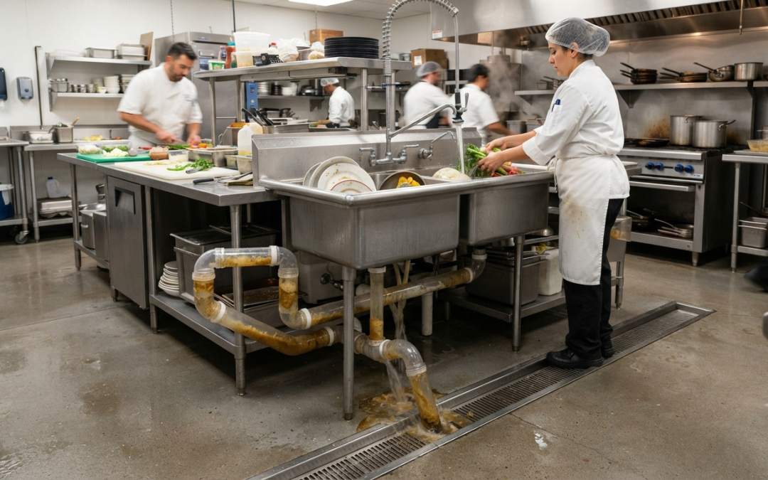 Grease build-up inside a commercial drainage system affecting wastewater flow in a professional kitchen.