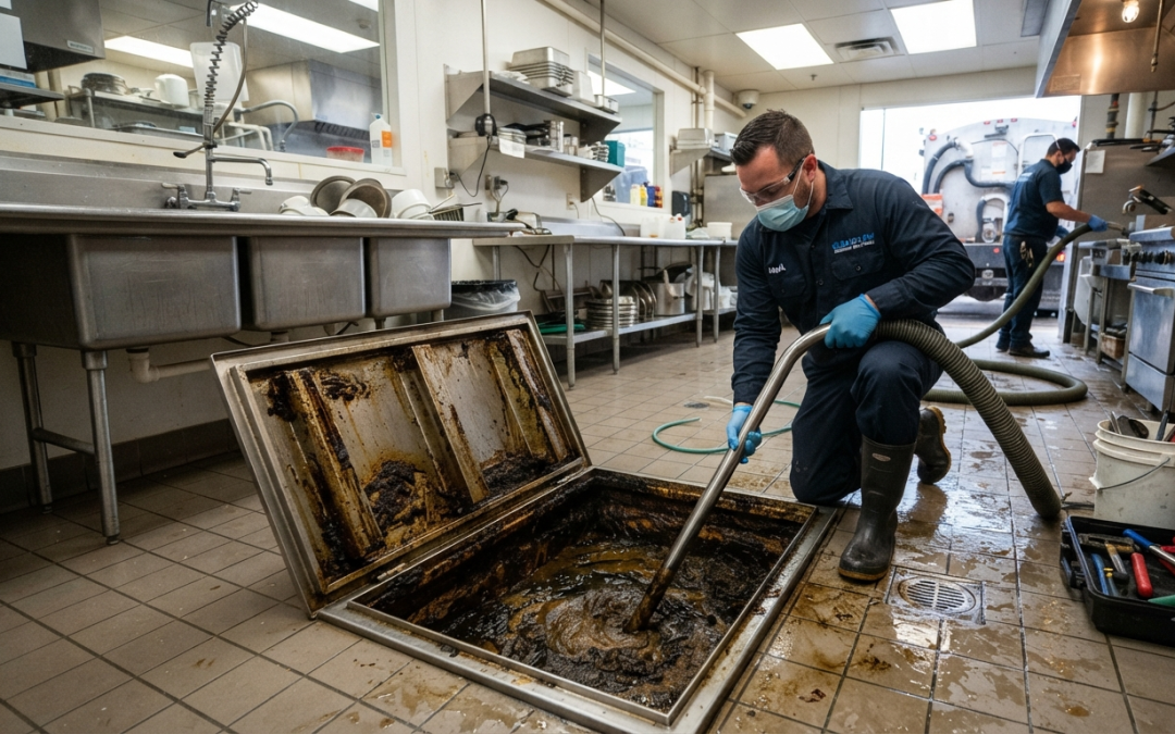Professional technician performing grease trap maintenance in a commercial kitchen to prevent drainage blockages and protect the sewer system.