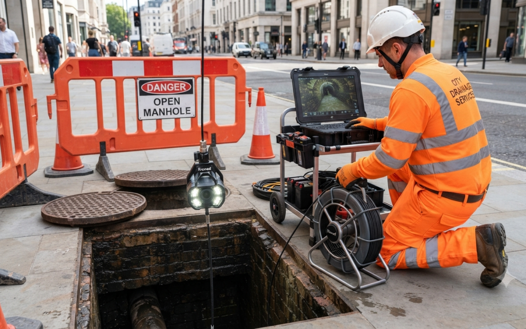 Professional drainage technician performing a manhole inspection to identify hidden sewer problems and prevent costly underground drainage repairs.
