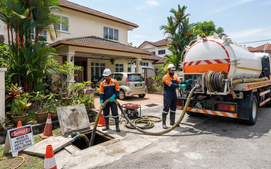 Professional technicians performing septic tank desludging using specialised wastewater equipment to maintain a reliable sewage system.